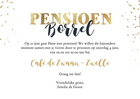 Uitnodiging 'Pensioen Borrel' champagneglazen en goudlook 3