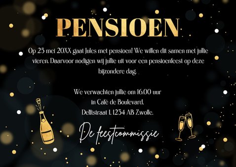 Uitnodiging pensioen borrel zwart goudlook confetti 3