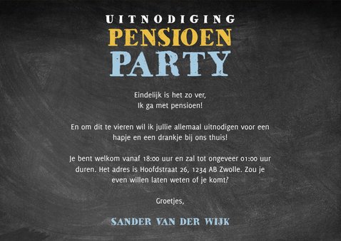 Uitnodiging pensioen feest met hout, krijtbord en foto 3