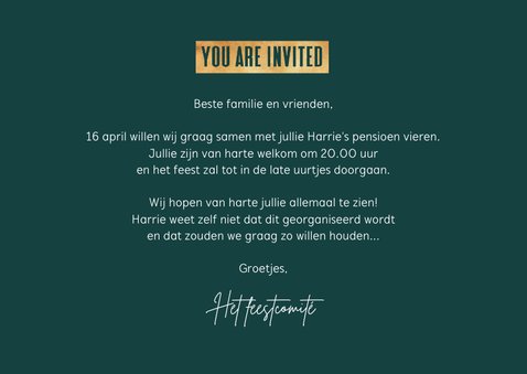 Uitnodiging pensioenfeest ticket bier foto goud confetti 3
