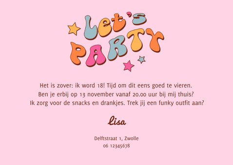 Uitnodiging roze groovy funky feestje dance party sterren 3