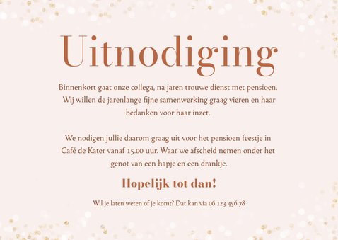 Uitnodiging roze waterverf pensioenfeest met confetti 3