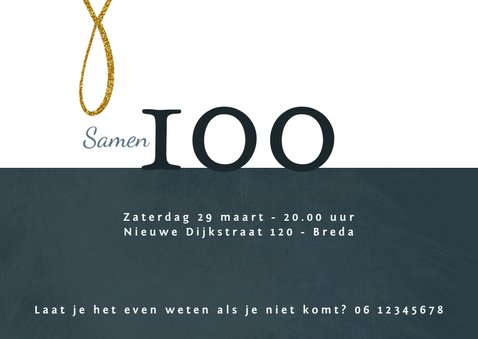 Uitnodiging 'Samen 100' geschreven tekst in goudkleur 3