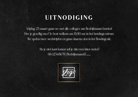 Uitnodiging team uitje bowlen goud foto krijtbord 3