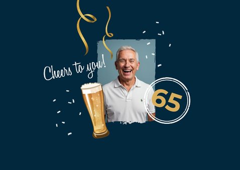 Uitnodiging ticket 65 jaar man bier slingers goud foto 2