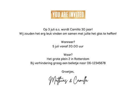 Uitnodiging ticket save the date goud met foto 3