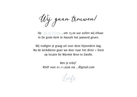 Uitnodiging trouwkaart winter wedding ticket blauw 3