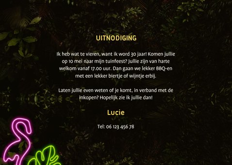  Uitnodiging tuinfeest botanisch met foto's en neon tekst 3