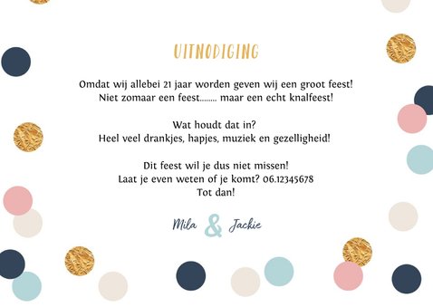 Uitnodiging verjaardag confetti polkadot goud foto 3