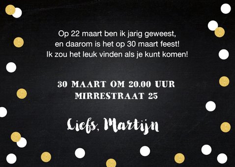 Uitnodiging verjaardag foto confetti goud krijtbord 3