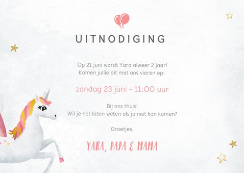 Uitnodiging verjaardag kind met eenhoorn en regenboog 3