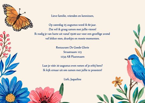 Uitnodiging verjaardag met bloemen vogel 60 jaar 3