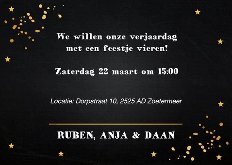 Uitnodiging verjaardag samen fotocollage goud confetti 3