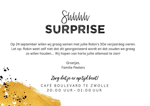 Uitnodiging verjaardag surprise party met goud en foto 3