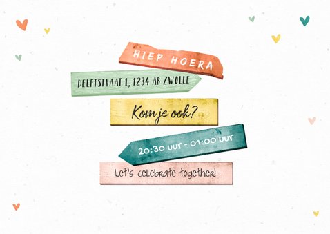 Uitnodiging verjaardag wegwijzers vrouw hip foto hartjes 2