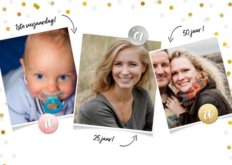 Uitnodiging verjaardagsfeest confetti fotocollage 3 foto's 2