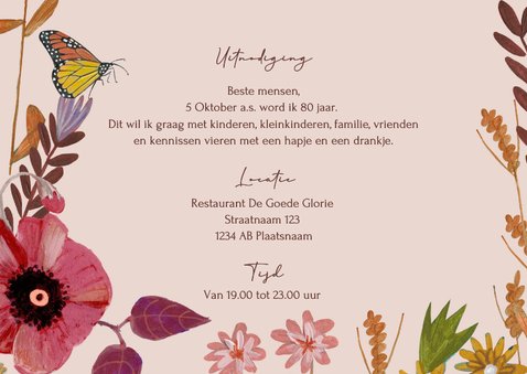 Uitnodiging verjaardagsfeestje bloemen, vogel en vlinder 3