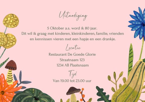 Uitnodiging verjaardagsfeestje herfst bloemen en paddenstoel 3