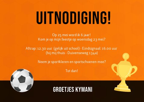 Uitnodiging voetbal feestje kind met oranje elftal look 3