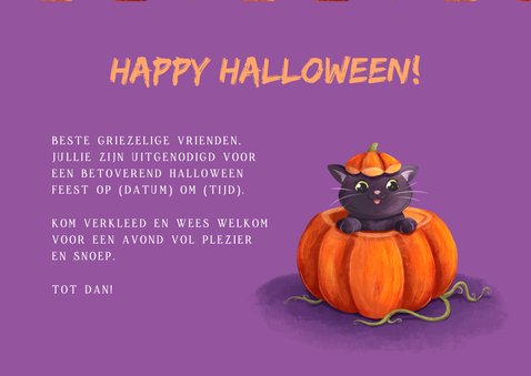 Uitnodiging voor een Halloween feestje met pompoenen en kat 3