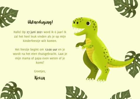 Uitnodiging voor een kinderfeestje met dino en blaadjes 3