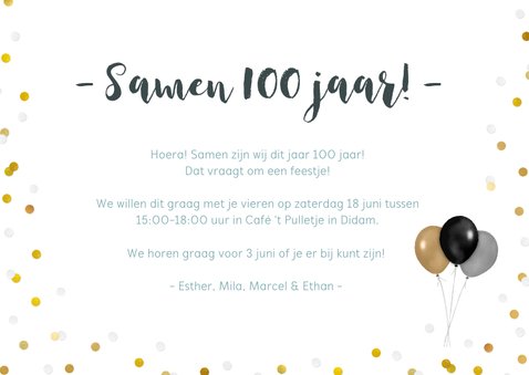 Uitnodiging voor een samen 100 feestje met 4 eigen foto's 3