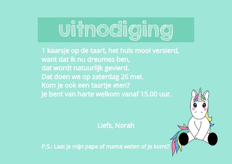 Uitnodiging voor kinderfeestje met eenhoorn 3