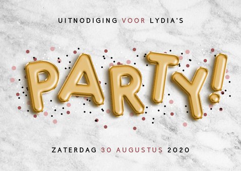 Uitnodiging voor verjaardag met folie ballonnen en confetti 2