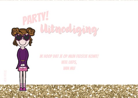 Uitnodiging vrolijke meiden kaart met glitter en glamour 3
