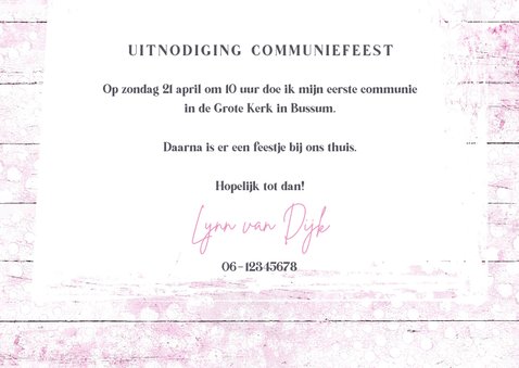 Uitnodiging wegwijzer eerste communie roze met foto 3