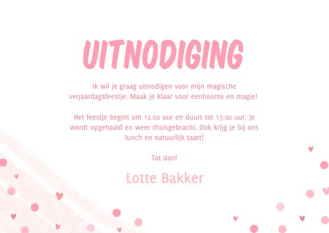 Uitnodigingen kinderfeestje met roze unicorn en vlaggetjes 3