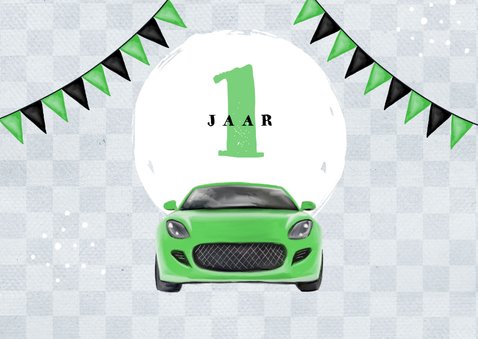 Uitnodigingskaart kind 1 jaar auto groen vlaggen foto 2