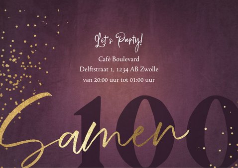 Uitnodigingskaart 'Samen 100' met goud, foto's en getal 2