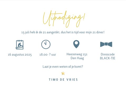 Uitnodigingskaart voor een 21 diner van een jongen 3