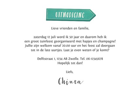 Uitnodigingskaart wegwijzers hout foto tuinfeest slingers  3