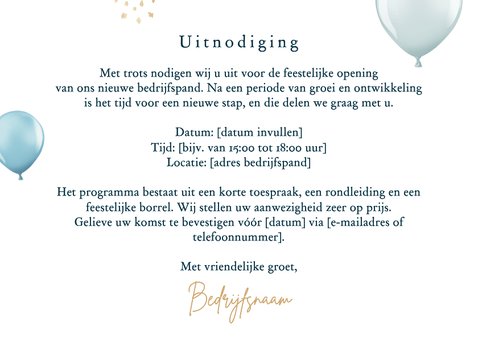Uitnodigingskaart zakelijk feestelijke opening ballonnen 3