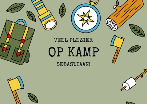 Vakantiekaart 'Veel plezier op kamp' met kampeerspullen 2