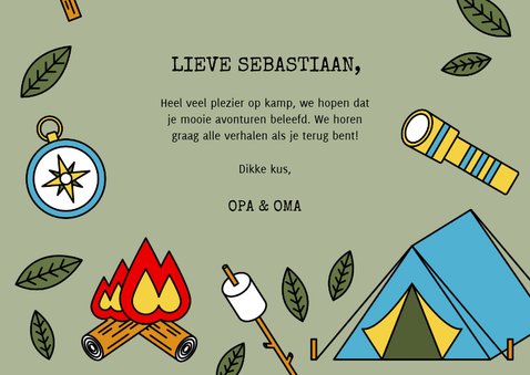 Vakantiekaart 'Veel plezier op kamp' met kampeerspullen 3