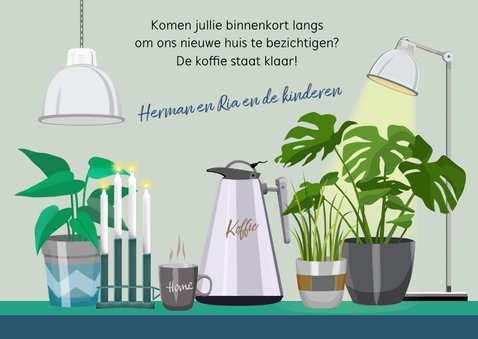 Verhuiskaart met planten lampen vensterbank 3