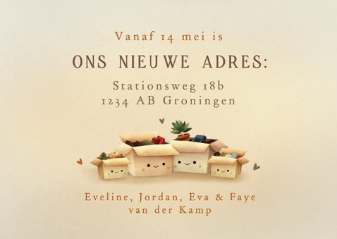 Verhuiskaart voor gezin met 4 verhuisdozen met gezichtjes 3