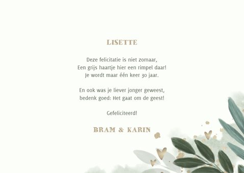 Verjaardagskaart botanisch met gouden hartjes 3