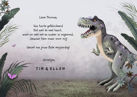 Verjaardagskaart dino jungle t-rex 3