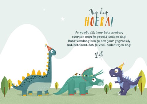 Verjaardagskaart dino triceratops vogel slinger hoera 3