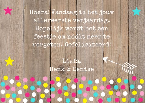 Verjaardagskaart foto meisje confetti hout 3