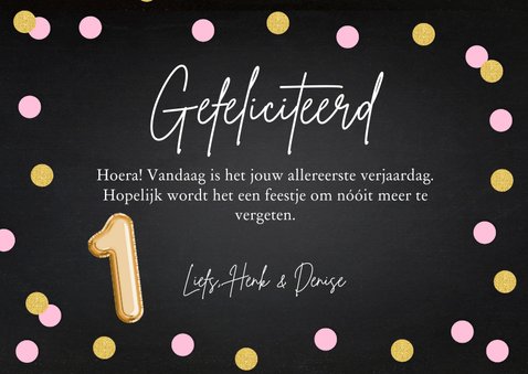 Verjaardagskaart foto meisje confetti roze goudlook 1 jaar 3