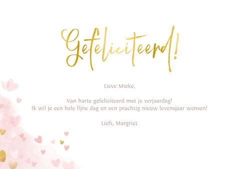 Verjaardagskaart gefeliciteerd met roze en gouden hartjes 3