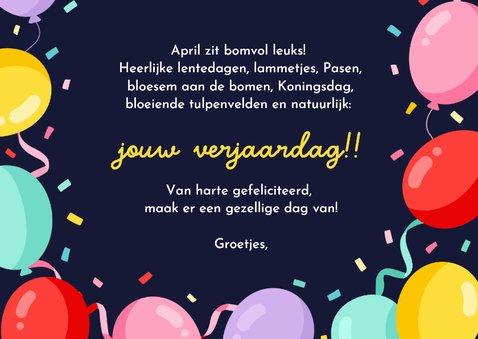 Verjaardagskaart jarig in april met confetti en foto 3