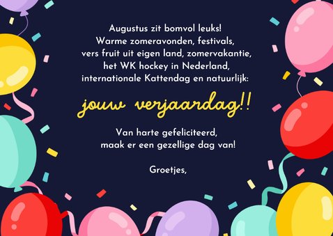 Verjaardagskaart jarig in augustus met ballonnen en foto 3