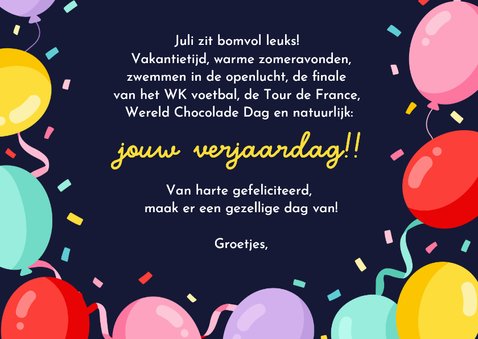 Verjaardagskaart jarig in juli met eigen foto en confetti 3