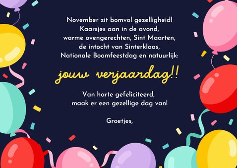 Verjaardagskaart jarig in november met ballonnen en foto 3